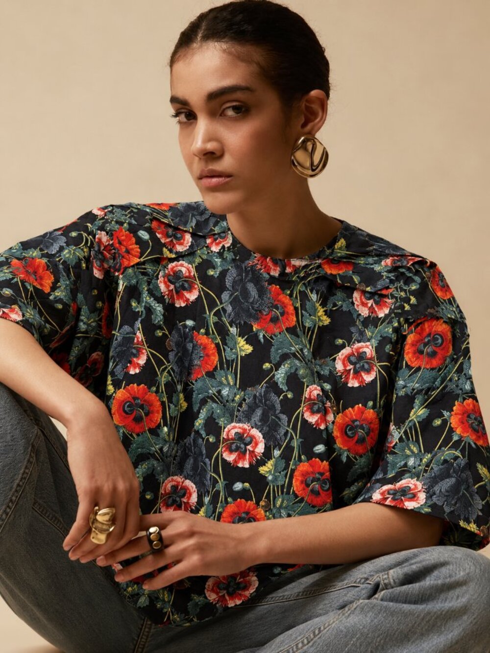 Poppy Floral Print Cotton Blouse Raglan Sleeve Neckline Pleats H&M 10